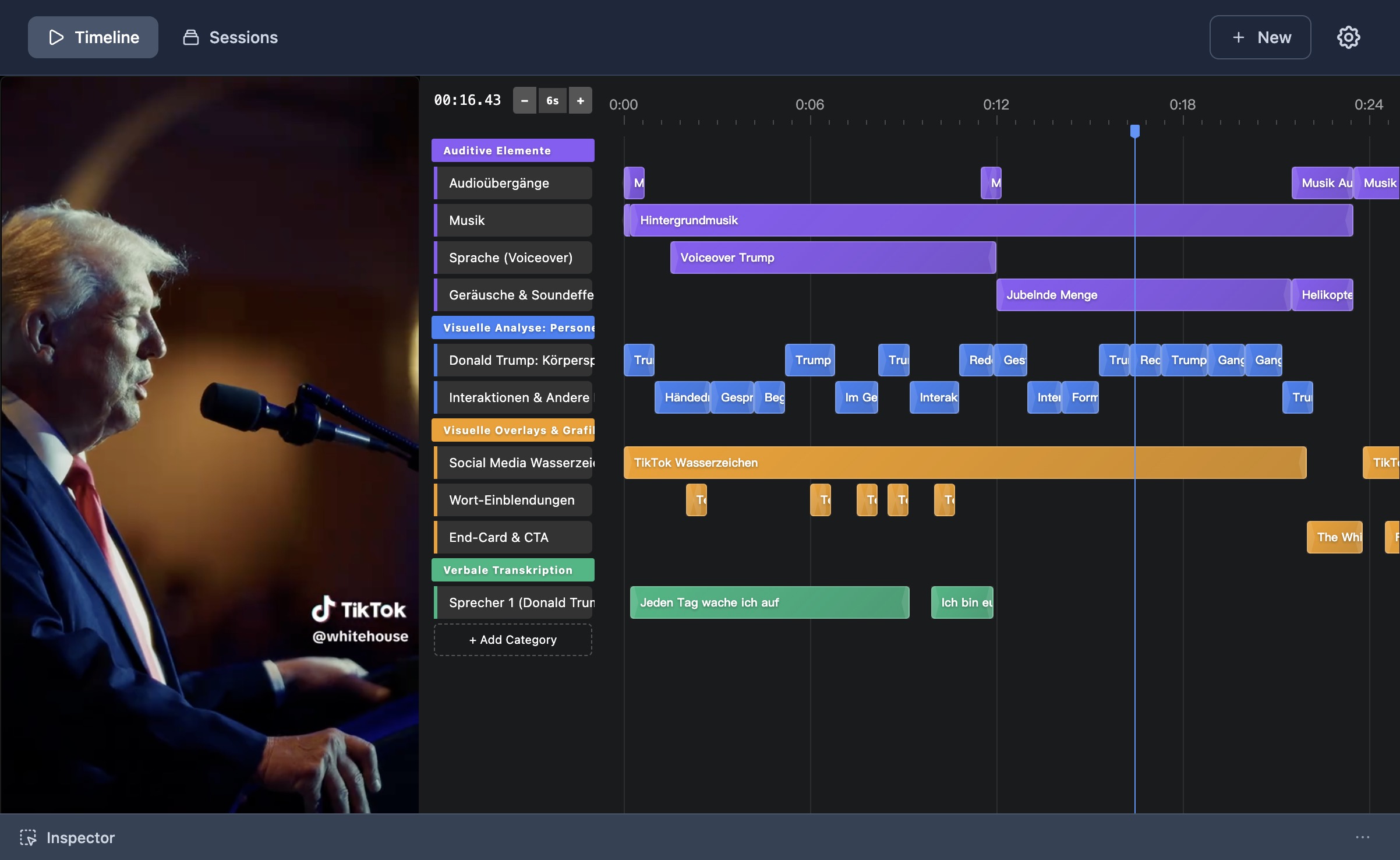 Notate video annotation interface showing timeline, upload area, and project management